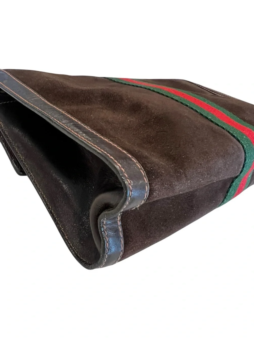 Vintage GUCCI Brown Suede Sherry Line Web Stripe Envelope Clutch Bag 37 039 3088